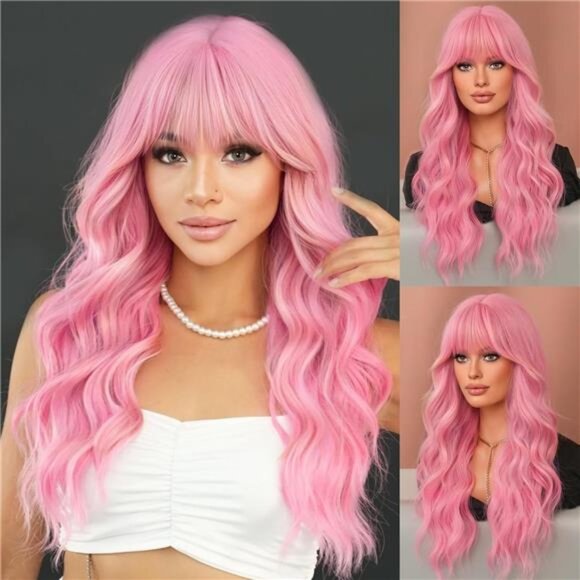 WIGS Long Wavy Pink Wig 24in Natural Heat Resistant Fiber Synthetic Curly